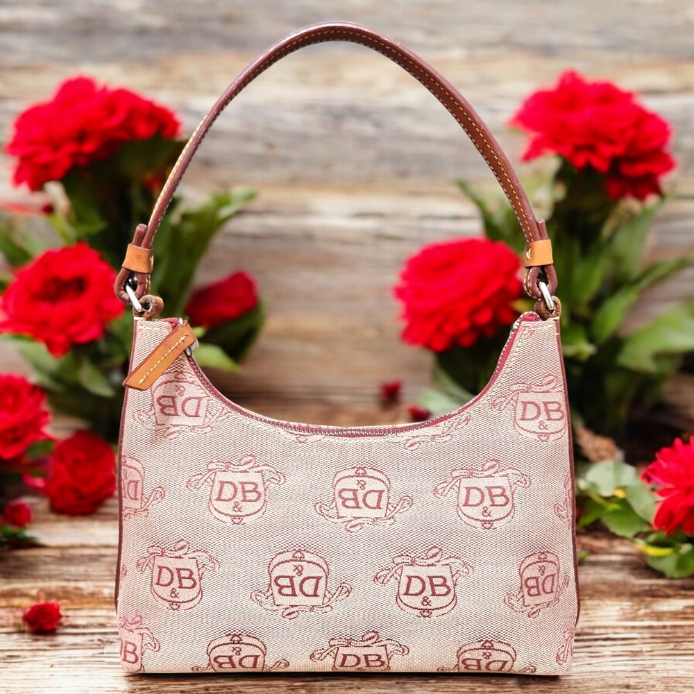 Vintage Dooney & Bourke Small Red and Tan Hobo Shoulder Bag Canvas & Leather